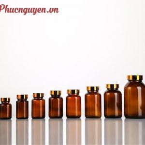Bộ chai thủy tinh nâu đựng thuốc nắp vàng